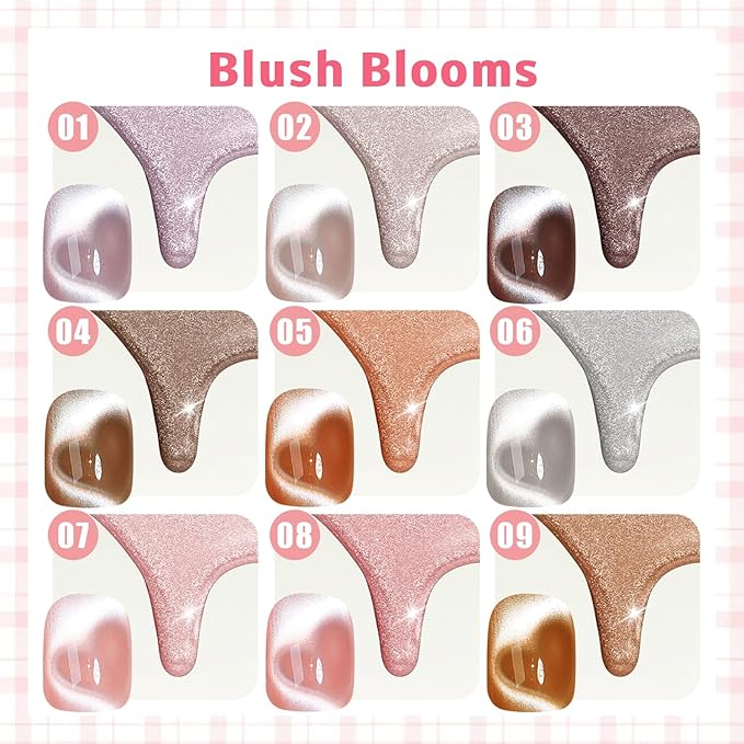 Gel Nail Polish Set, Cat Eye Gel Polish Kit, Holographic Reflective Magnetic Shimmer Glitter Brown White Pink Skin Tones Black Gel, Manicure Salon DIY Gifts, Soak Off, UV/LED Cured (9 Colors D)