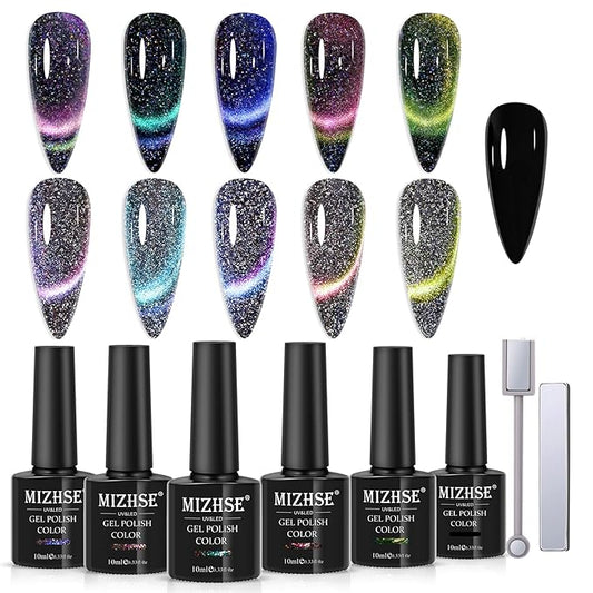 MIZHSE Reflective 9D Cat Eye Gel Nail Polish, Glitter Magnetic Gel Polish Set with 2 Magnet Sticks, Chameleon Magic Effect Holographic Cateye Nail Polish Soak Off Nail Art Gift