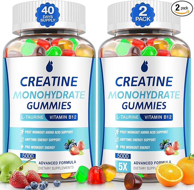 Creatine Gummies for Men & Women - Creatine Monohydrate Gummies 5g, Muscle Builder, Energy Boost & Pre-Workout Supplement, Low Sugar Taurine Chewable Gummy 2 Pack