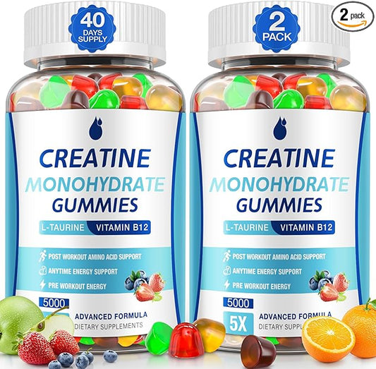 Creatine Gummies for Men & Women - Creatine Monohydrate Gummies 5g, Muscle Builder, Energy Boost & Pre-Workout Supplement, Low Sugar Taurine Chewable Gummy 2 Pack