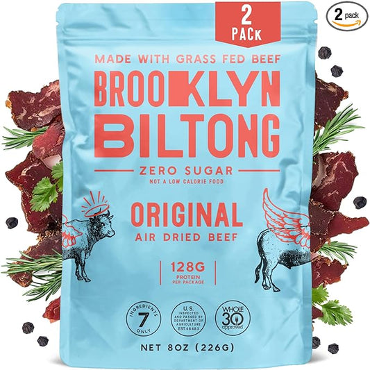 Brooklyn Biltong - Air Dried Grass Fed Beef Snack, South African Beef Jerky - Whole30 Approved, Paleo, Keto, Gluten Free, Sugar Free, Made in USA - 8 oz, Pack of 2 (Original)