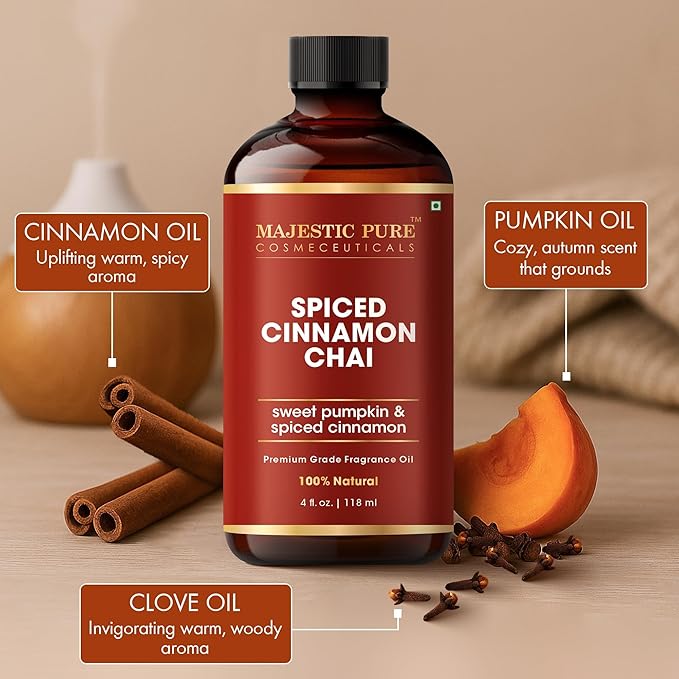 MAJESTIC PURE Spiced Cinnamon Chai Premium Oil | 100% Pure & Natural | Cinnamon, Clove, Pumpkin Oil Used in Diffusers, DIY, Self Care | 4 Fl Oz