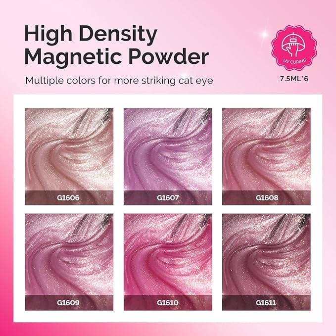 MelodySusie Pink Gem Cat Eye Gel Set Cat Eye Gel Nail Polish Set 6 Pcs, 0.26 Fl Oz Glitter Holographic Magnetic Nail Polish with Magnet, UV Nail Polish for Nail Art Manicure Salon DIY at Home