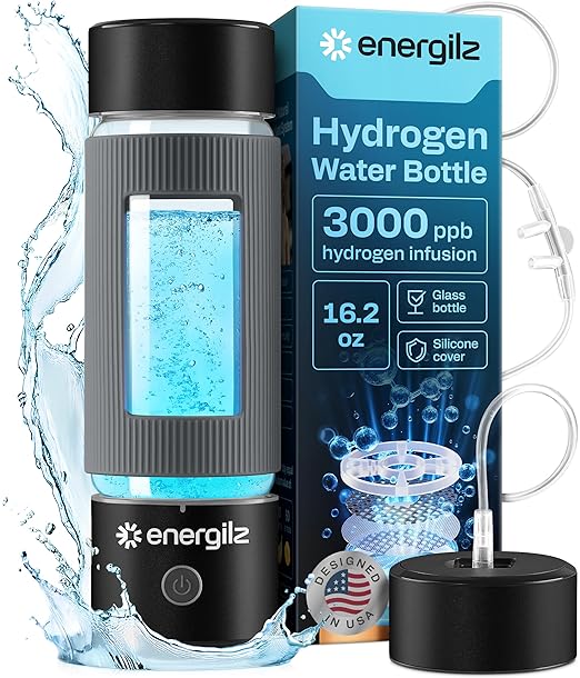 Hydrogen Water Bottle | Large 16.2 oz (480 ml) Hydrogen Water Bottle Generator 3000ppb | Hydrogenator Machine | SPE/PEM Hydrogenated Ionizer Generator (Black w/Gray)