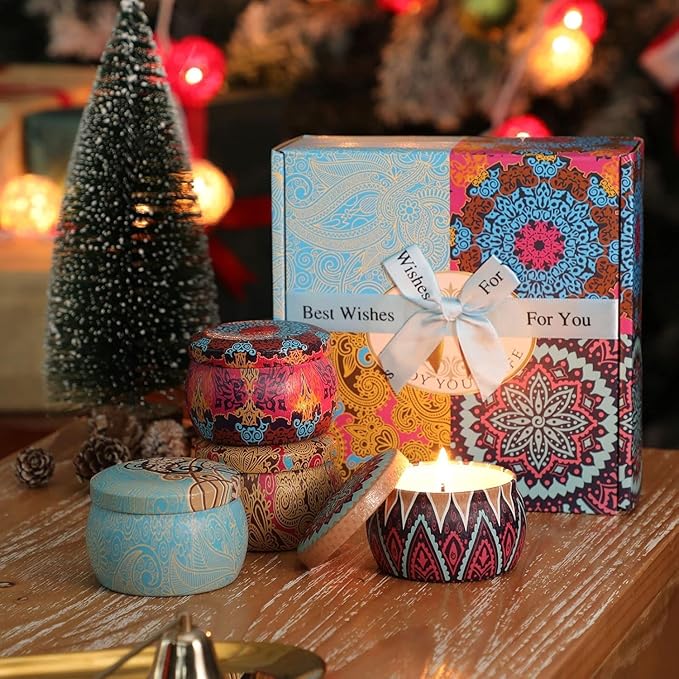 Scented Candles Gifts Set, 4 Pack Aromatherapy Candles for Home Scented, Stress Relief Gifts for Women, 120 H Lasting Burn Natural Soy Wax Candle for Birthday Valentine Mother's Christmas Day