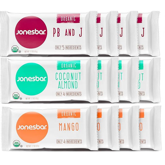 JONESBAR Fruit Lovers (12 Count (Pack of 1)), USDA Organic Fruit & Nut Bar, Non-GMO, Kosher, Vegan, Gluten Free, Simple Snack Bar