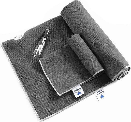 IUGA Yoga Towel for Hot Yoga Non Slip Extra Thick Yoga Mat Towel + Hand Towel 2in1 Set with Corner Pockets Super Absorbent and Quick Dry Hot Yoga Towel