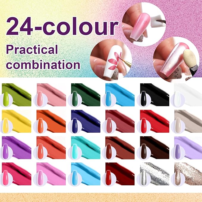 Gradient Painting Gel, 24 Gliter Colors Ombre Gel Nail Polish for Pigment Pat Silver&Gold Aura Nails, French Manicure DIY Nail Art Long-lasting No-wipe Palette B