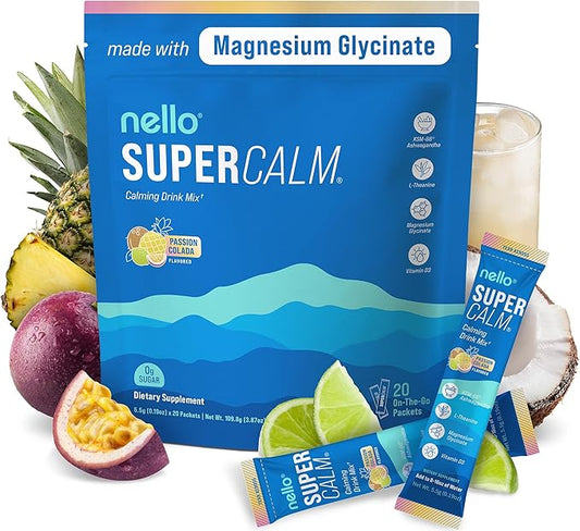 Nello Supercalm Drink Mix - Ashwagandha KSM 66, Magnesium Glycinate & L-Theanine Supplement - Ashwagandha Root Extract - Focus and Relaxation Support (20 Travel Packets) - Passion Colada