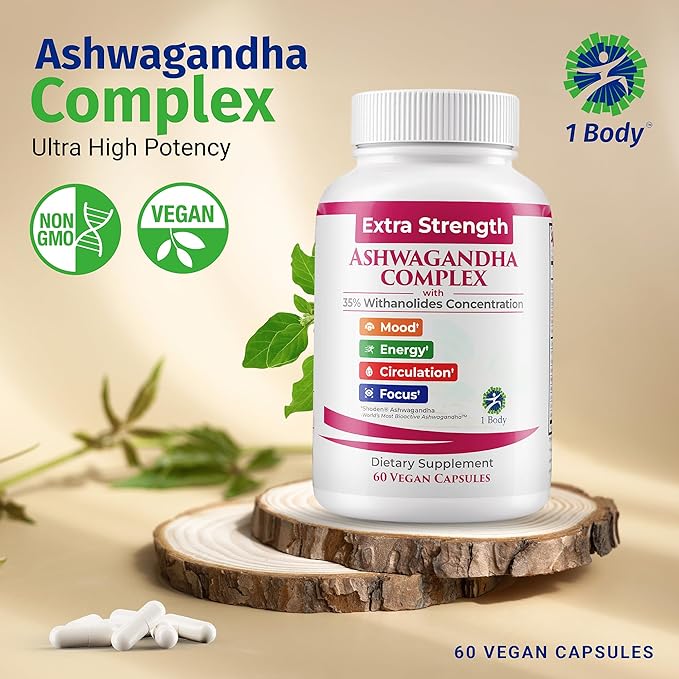 100% Natural Shoden Ashwagandha Complex Supplement - Ultra High Potency 35:1 Concentrated Root Extract for Sleep & Energy Support - Vegan, Non-GMO - 60 Ashwagandha Capsules
