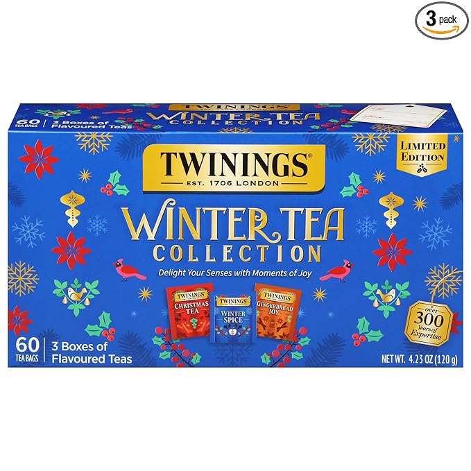 Twinings Winter Tea Collection, Limited Edition Holiday Gift Box, 20 Count (Pack of 3), Includes Christmas Tea, Winter Spice, and Gingerbread Joy, Enjoy Hot or Iced, 60 Teabags