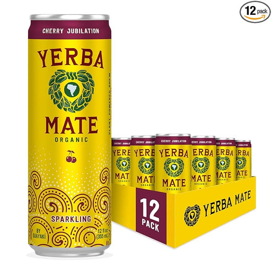 Yerba Madre Organic Sparkling Yerba Mate, Cherry Jubilation, 80mg Natural Plant Based Caffeine, Smooth Energy & Focus, Carbonated, 12 Oz (Pack of 12)