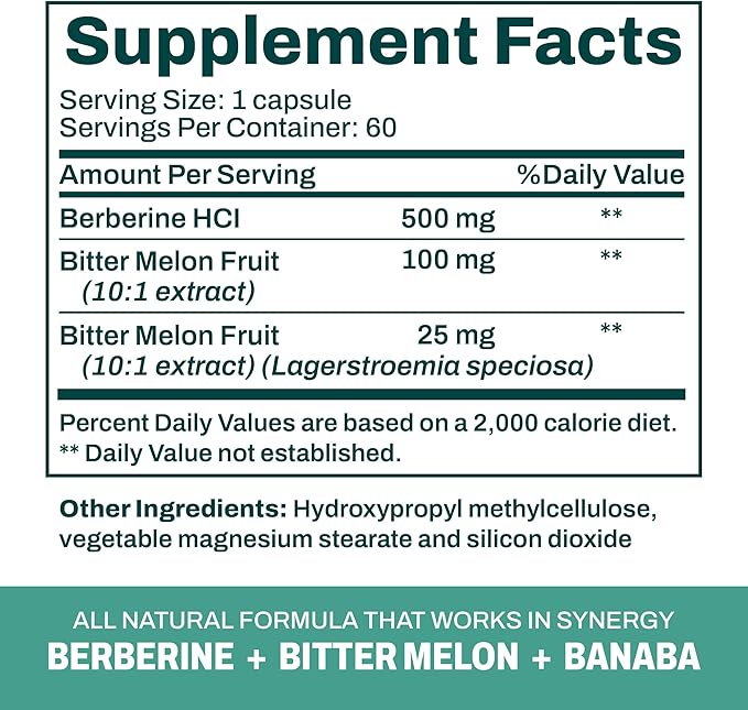 Berberine Plus – Triple Action Metabolic Support Supplement with Berberine HCl 500mg, Bitter Melon & Banaba Leaf – 1250mg Herbal Actives – Energy & Digestive Support – 60 Vegan Capsules