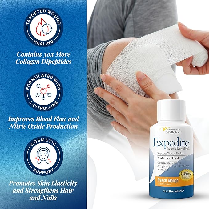 Medtrition Expedite Liquid Collagen - 30x More Collagen Peptides Than Powders, Supports Wound Healing, Surgery Recovery, Foot Ulcers, Skin Health and More (Pack of 48 Bottles)