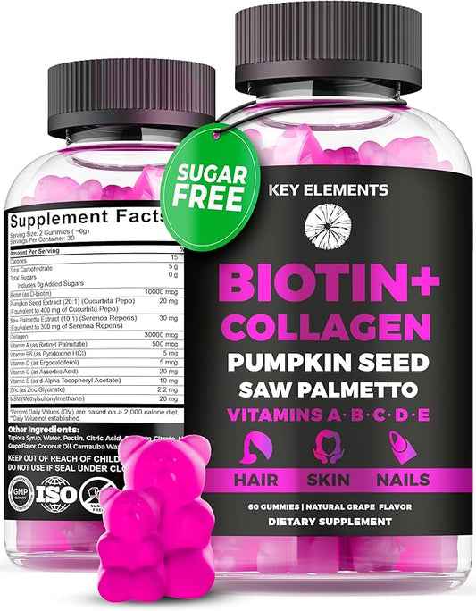Hair Skin and Nails 10000mcg Gummies & Collagen Gummies - Biotin Vitamins for Hair Growth Pumpkin Seed Oil, Saw Palmetto Extract & Vitamins A B6 C D E - Biotin and Collagen Supplements