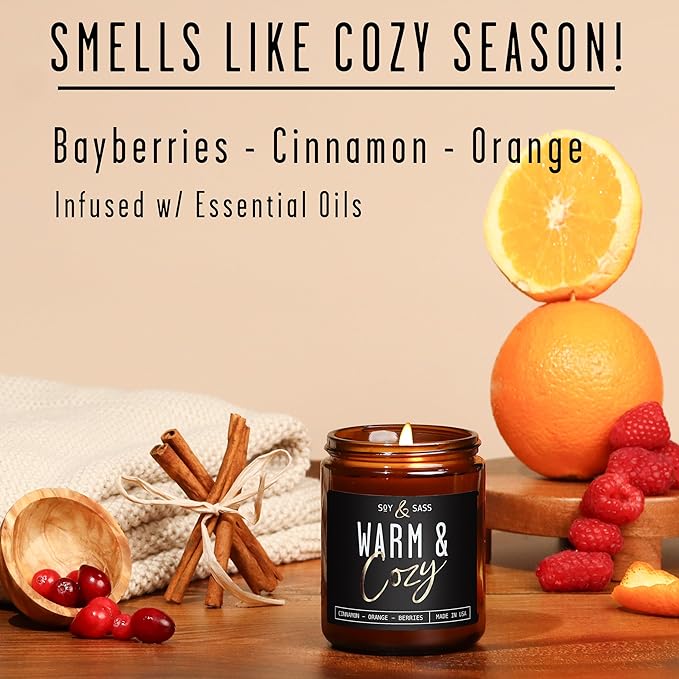 Christmas Candles, Fall Candles, Warm and Cozy' Soy Candle I Berries, Apple & Cinnamon I Infused w/Essential Oils I Warm n Cozy Home Decor I Winter and Holiday Candle I 50Hr Burn I USA Made