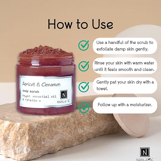 Apricot & Cinnamon Body Scrub Made in USA with Essential Oil and Vitamin C by Nabila K - Exfoliate and Moisturize for Smooth Skin - Luxury for Women & Men, 3 oz
