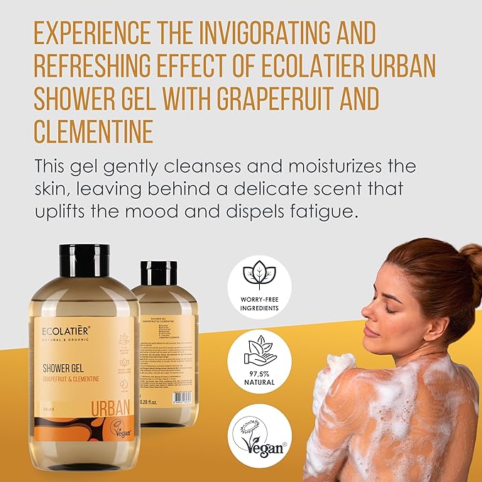 Grapefruit body wash Clementine - 97.5% Natural, Vegan, Cruelty-Free, Refreshing & Moisturizing Body Wash and Natural Shower Gel for All Skin Types, 8.5 Fl Oz by ECOLATIER