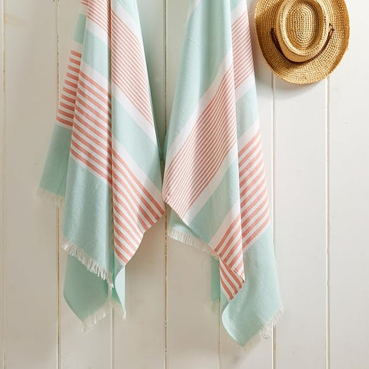 The Good Earth 2 Pack Oversized Turkish Beach Towel Set, 35" x 78", Mint/Coral, Sand Resistant, 100% Cotton