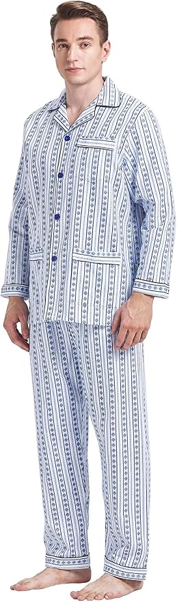 GLOBAL Men's Pajamas Sets 100% Cotton Flannel Sleepwear Long-Sleeve top & Bottom