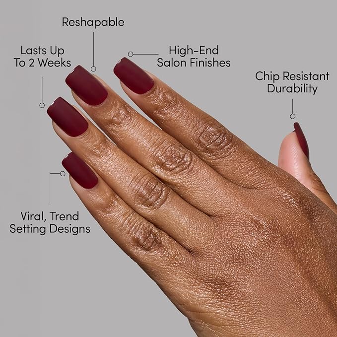 Glamnetic Press On Nails - Cherry Mocha | Dark Red Medium Square Fake Nails with a Glossy Finish, Salon Quality Halloween Nails | 15 Sizes - 30 Nail Kit with Glue