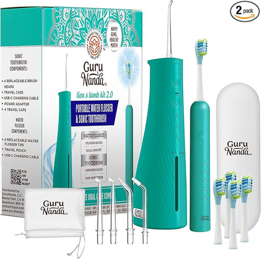 GuruNanda Lion & Lamb Kit 2.0, Electric Toothbrush with Water Flosser Combo, 4 Jet Tips, 4 Brush Heads, & IPX7 Waterproof Design for Complete Oral Care, Teal