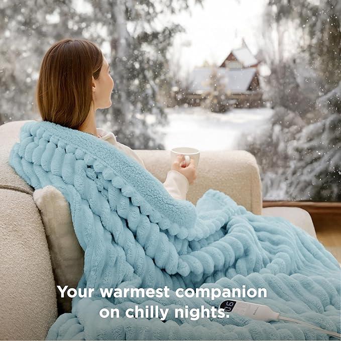 Bedsure Heated Blanket Electric Throw - Thick Striped Flannel Electric Blanket, Heating with 4 Time Settings, 6 Heat Settings, and 3-Hour Timer Auto Shut Off, Gift for Grandma (50"x60", Light Blue)