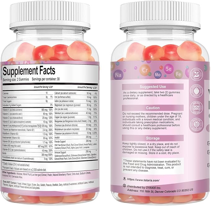 Totaria Sugar Free Multivitamin Gummies for Women 14+ w/Iron, Inositol, Folate, Biotin, Womens Daily Multivitamin Gummy w/Vitamin A, C, B, D3, K2, for Hair, Skin, Energy, Immune, Strawberry Flavor