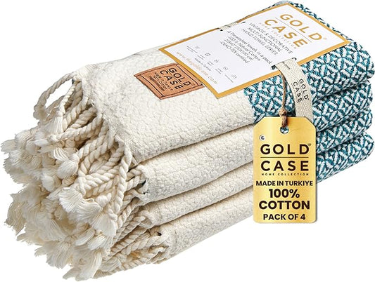 Gold CASE Turkish Hand Towels for Bathroom Set of 4 – 20 x 40'' – 100% Cotton Bathroom Towels – Aphrodite Kitchen Small Towel for Spa, Face, Tea & Dishcloth – Decorative Patterned Weave – Teal