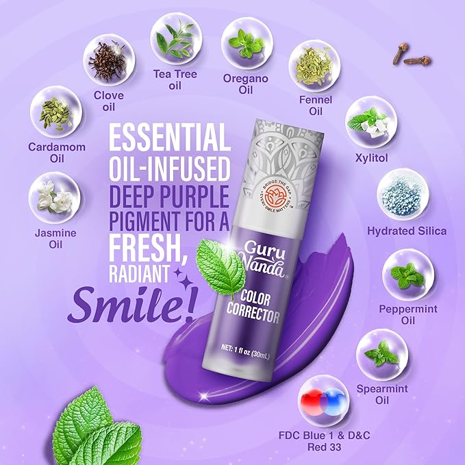 GuruNanda Purple Color Corrector Serum, Fluoride-Free & Gentle, Instant Teeth Whitening, with Essential Oils, Up to 50 Uses, 2 Pack