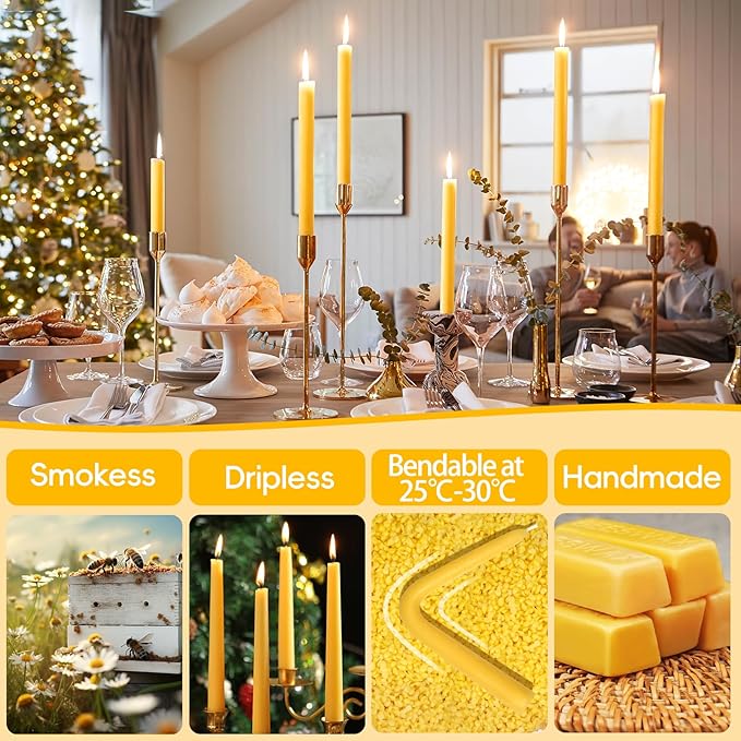 30 Pack Beeswax Taper Candles,8 inch Tall - Dripless and Smokeless All Natural Beeswax Candles Sticks,8 Hours Long Lasting Burning Time,100% Nontoxic Unscented Bee Wax Candle for Home