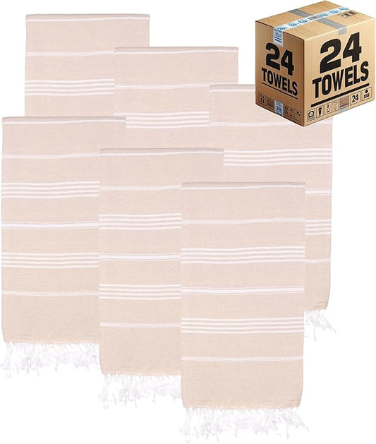 Turkish Beach Towels, Bulk Case of 24 | Oversized, Quick Dry, Sand Free | 100% Cotton, Large 38x71 Towels for Beach, Pool, Travel | Ultra-Soft, Compact, Absorbent | Beige