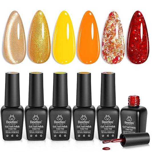 beetles Glitter Gel Polish Set - Daring Glow Collection, Gold Cat Eye Gel Colors Red Gold Glitter Shimmer Yellow Orange Christmas Nails Art Soak off Uv LED Manicure Nail Trend Gift for Women