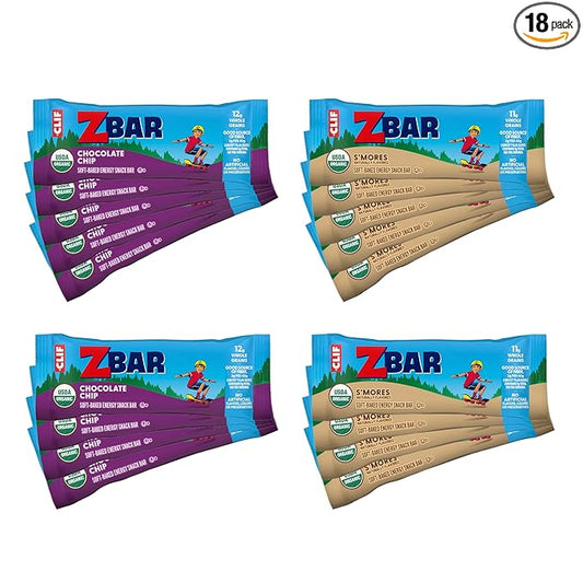Zbar - Chocolate Chip and S'mores - Variety Pack - Soft Baked Snack Bars - Non-GMO - 11-12g Whole Grains - USDA Organic Granola Bars (18 Pack)