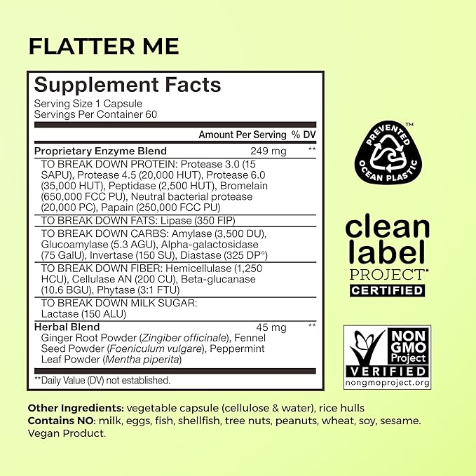 HUM Flatter Me Digestive Enzymes for Women & Men, Digestive Health Bloating Supplement with Ginger & Peppermint Leaf, Fast Acting Anti Bloat Pills Multi Enzyme for Debloating, Vegan, 60 Capsules