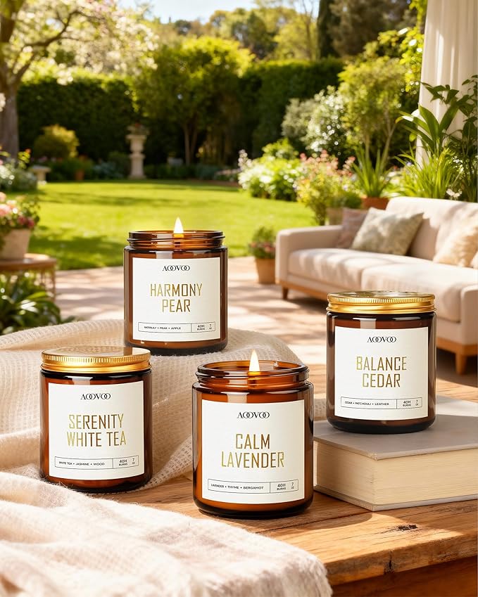 AOOVOO Healing Candle Set - 4PC Scented Candles, 28 oz Soy Candles, Soy Candle for Home Scented, Calm Lavender/Serenity White Tea/Harmony Pear/Balance Cedar