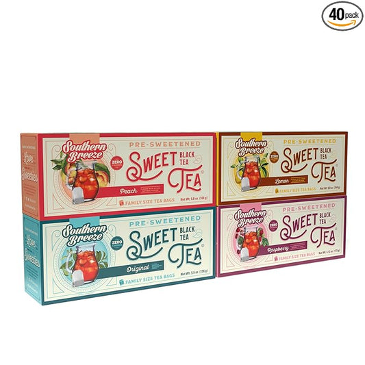 Southern Breeze Hot Brew Sweet Tea Variety Pack Iced Tea with Black Tea and Zero Carbs Zero Sugar, 22 Individually Wrapped Family Size Tea Bags, Pack of 4 Original, Peach, Raspberry and Lemon