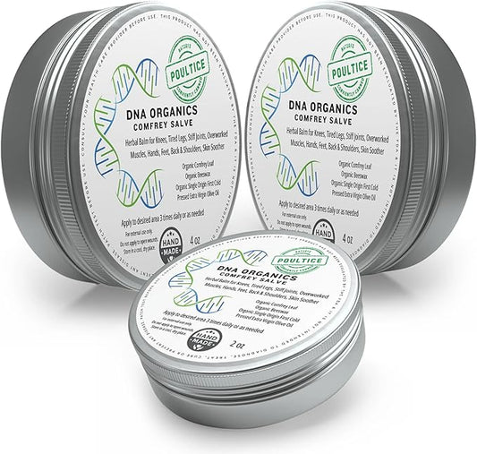 DNA Organics Comfrey Salve Bundle. Herbal Balm for Bones, Muscles, Joints, Knees, Skin, Swelling & Tattoo Care. Handcrafted, Slow-Infused. No Chemical Fillers (2 × 4oz + 1 × 2oz)