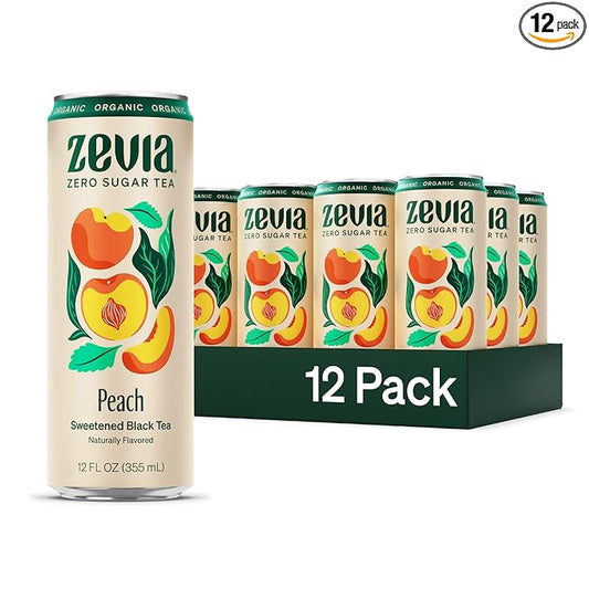 Zevia Zero Sugar Tea, Black Tea with Peach, 12 oz Cans (12-Pack) – Naturally Sweetened, Zero Calorie Sugar Free - Non-GMO Project Verified, Gluten-Free, Vegan