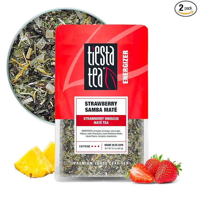 Tiesta Tea - Strawberry Samba Mate, Loose Leaf, Strawberry Hibiscus Mate Tea, High Caffeinated Fruit Blend, Make Hot or Iced Up to 25 Cups, 2 oz Resealable Pouch