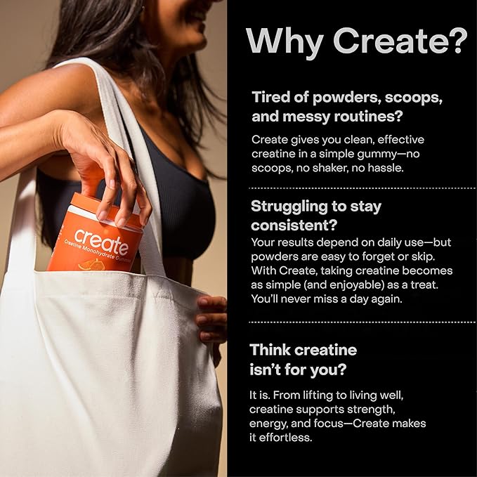 Create Creatine Monohydrate Gummies for Men & Women | 1.5g Creatine per Gummy for Muscle Strength, Endurance, Recovery, & Focus | Vegan, Non-GMO, Gluten-Free | Premium Sour Peach Flavor | 90 Count