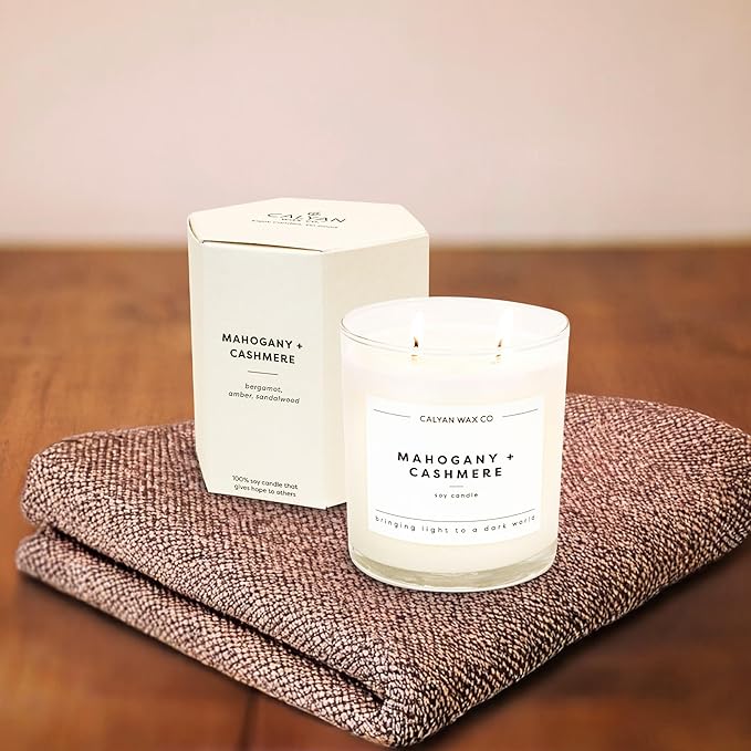 Calyan Wax Co. Mahogany & Cashmere 2 Wick Scented Candle - 37 Hour Burn - Luxury Non Toxic Soy Wax Candles - Long Lasting Large Glass Jar Candle for Home - 8.8oz