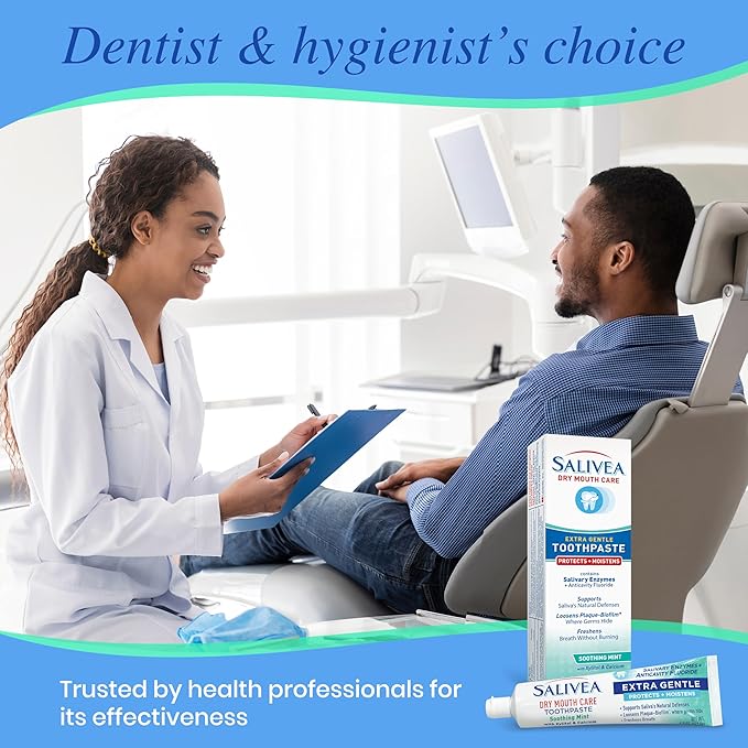 SALIVEA Gentle Toothpaste for Dry Mouth Care, 4.3 oz Tube, 2 Pack, Anticavity with Fluoride, Natural Salivary Enzymes, Vitamin E & Aloe Vera, Cleans, Moisturizes & Refreshes Breath, Soothing Mint