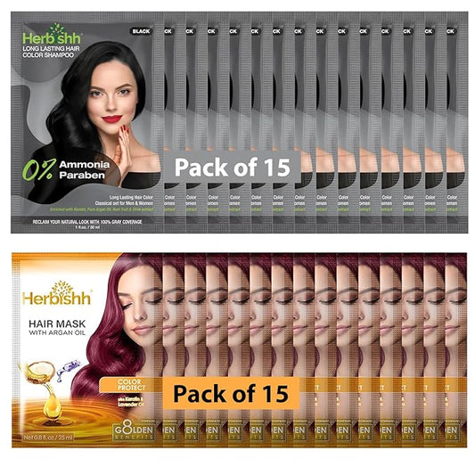 Herbishh Travel Pack Hair Dye Color Shampoo + 15pc Argan Hair Mask Sachet (Black, 15 Sachets)