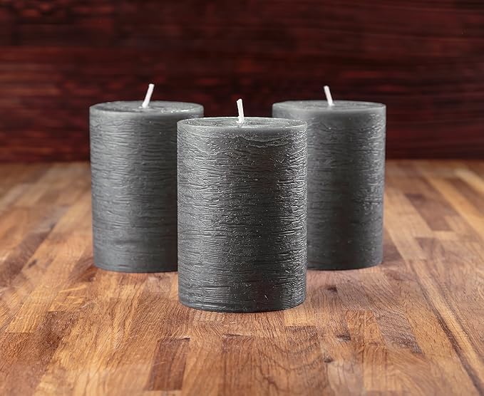 Set of 3 Pillar Candles 3" x 4" Unscented Handpoured Weddings, Home Decoration, Restaurants, Spa, Church Smokeless Cotton Wick - Dark Grey