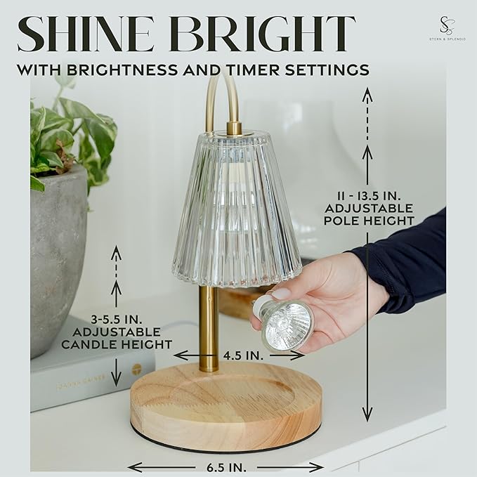 Wood Candle Warmer Lamp with Large Round Base & Adjustable Height, Dimmable Candle Lamp with Timer, Electric Lamp Candle Warmer for Jar Candles, Candle Melter Lamp with 4 Halogen Light Bulbs