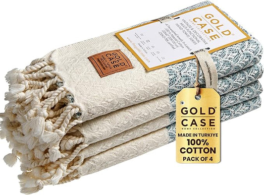 Gold CASE Turkish Hand Towels for Bathroom Set of 4 – 100% Cotton Bathroom Towels – Helen Kitchen Small Towel for Spa, Face, Tea & Dishcloth – Decorative Patterned Weave – Aqua