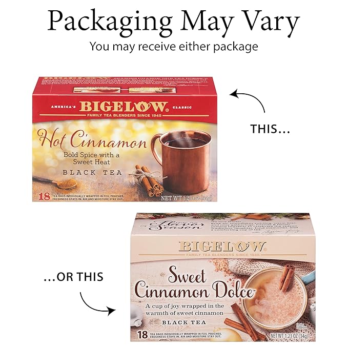 Bigelow Tea Sweet Cinnamon Dolce Black Tea, Caffeinated Tea with Cinnamon, 18 Count Box (Pack of 6), 108 Total Tea Bags (Packaging May Vary)