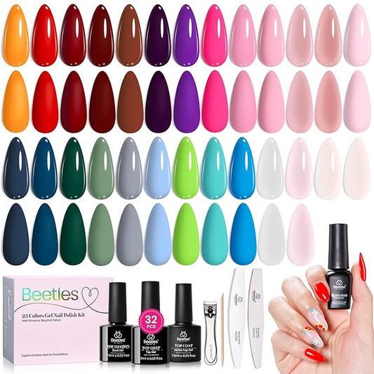 Beetles Gel Nail Polish Set 32pcs Winter Gel Polish 25 Colors with Base Top Coat Soak off UV Gel Burgundy Red Brown Green Blue Pink Gel Polish Kit DIY Nail Art Manicure Gift for Women Fourfold Grace