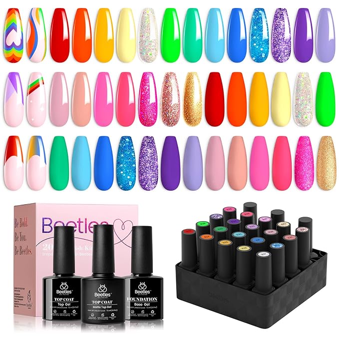 Beetles Rainbow Gel Polish Set, 20 Colors Glitter Pink Red Green Blue Bright Rainbow Collection Colorful Gel Polish Nails Sparkle Gel Base Glossy & Matte Top Coat UV Gel Gift for Women & Girls